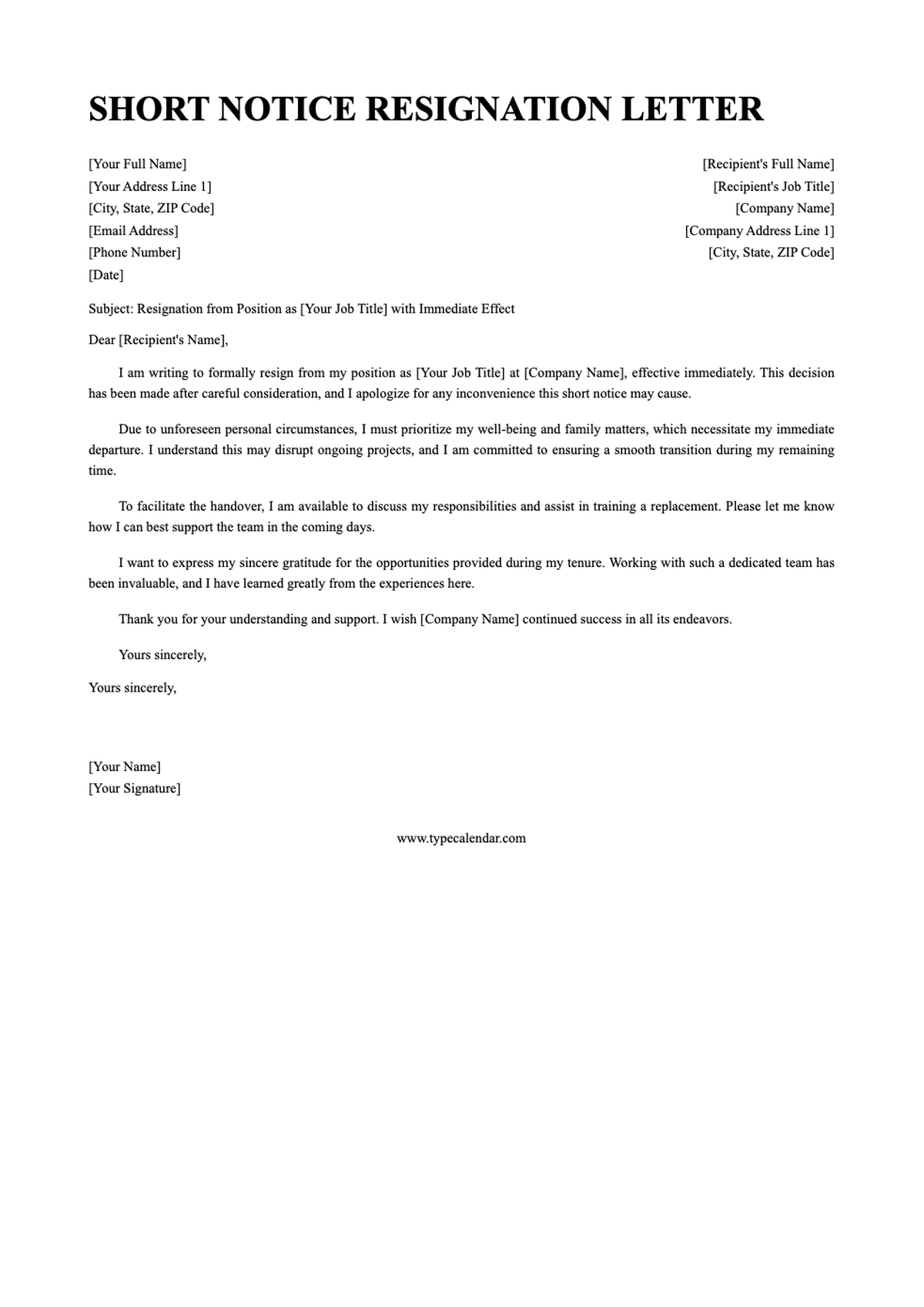 Short notice resignation letter template with placeholder fields_variant_3